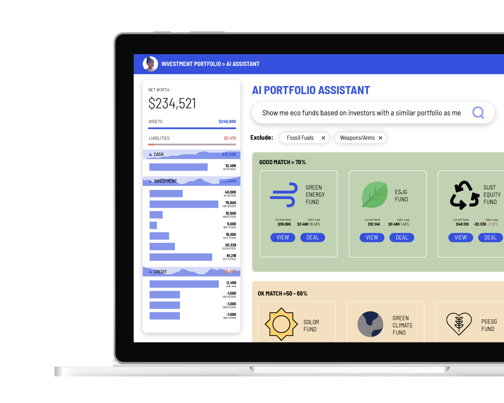 Vector Link enables user generated queries - this is a mock up laptop showing a financial app with an AI assistant